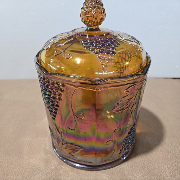Indiana Glass Other - Indiana Glass Amber Marigold Carnival Glass Canister Jar & Lid Harvest Grape